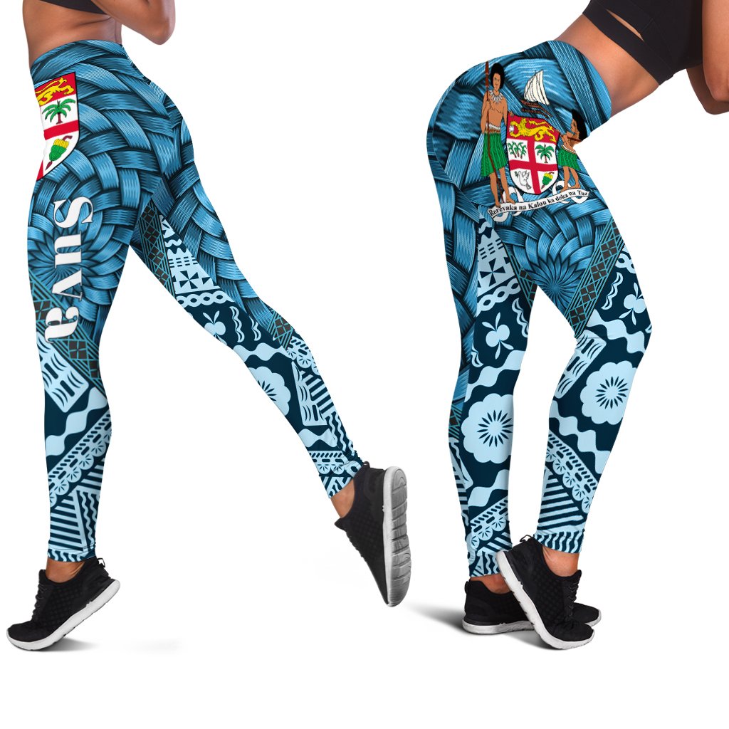 Fiji Leggings - Suva Tapa Patterns With Bamboo Blue - Polynesian Pride