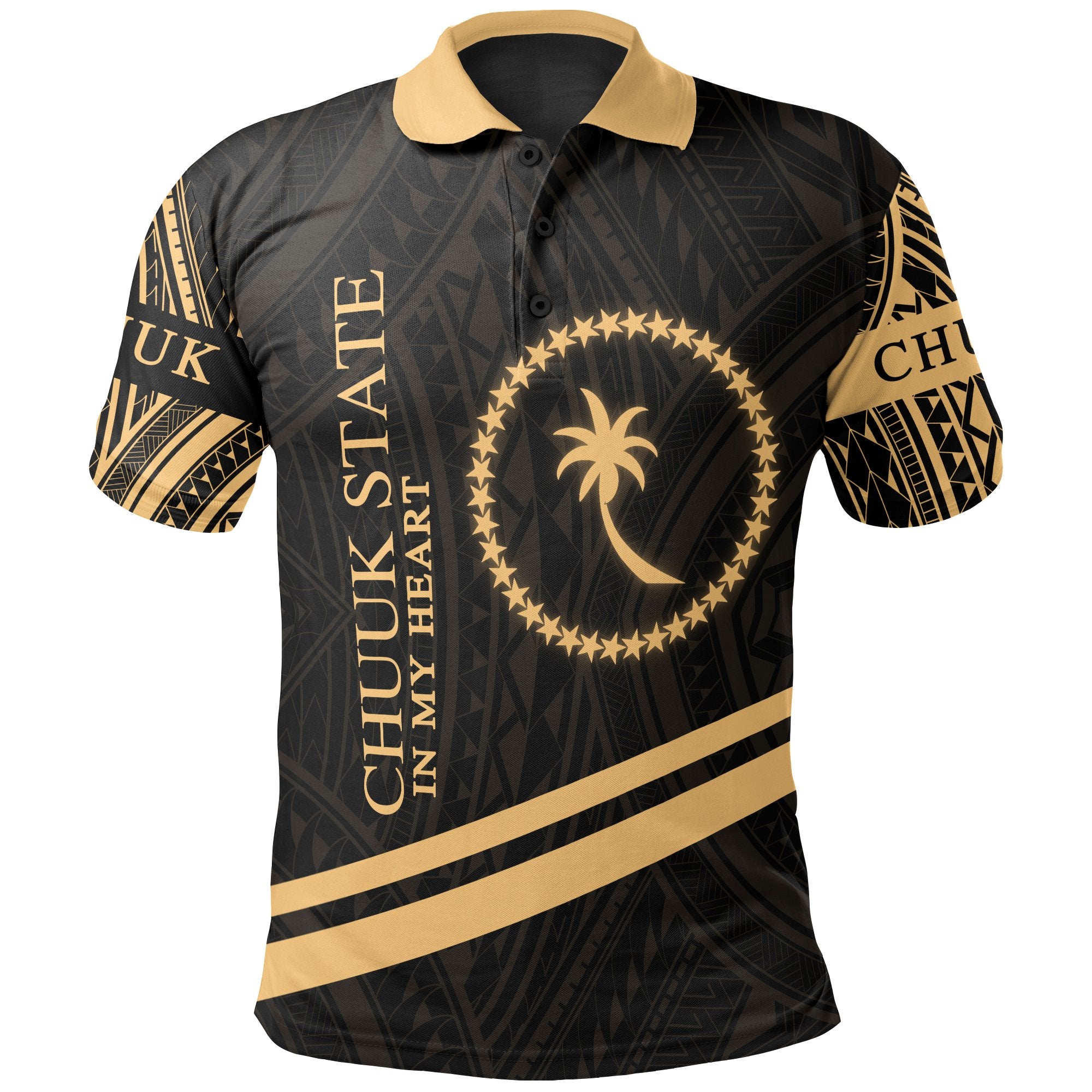 Chuuk State Polo Shirt In My Heart Style Gold Polynesian Patterns Unisex Black - Polynesian Pride