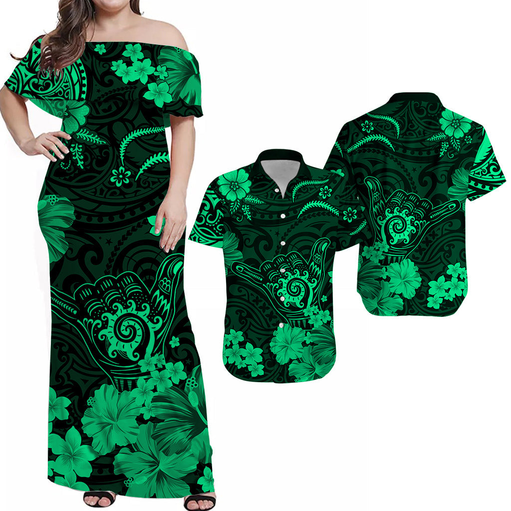 Polynesian Couple Outfits Hawaii Matching Dress and Hawaiian Shirt Polynesia Green Cool Shaka Sign LT13 Green - Polynesian Pride