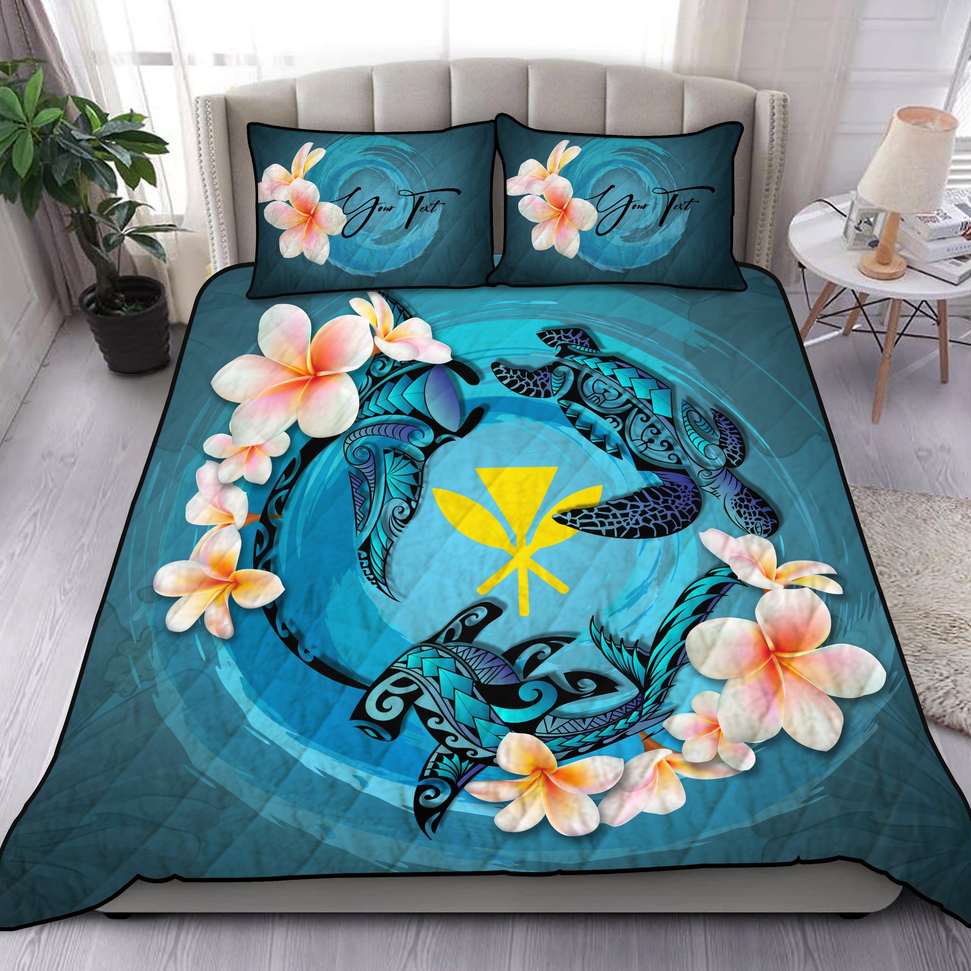 (Custom) Hawaii Quilt Bed Set - Blue Plumeria Animal Tattoo Personal Signature Blue - Polynesian Pride