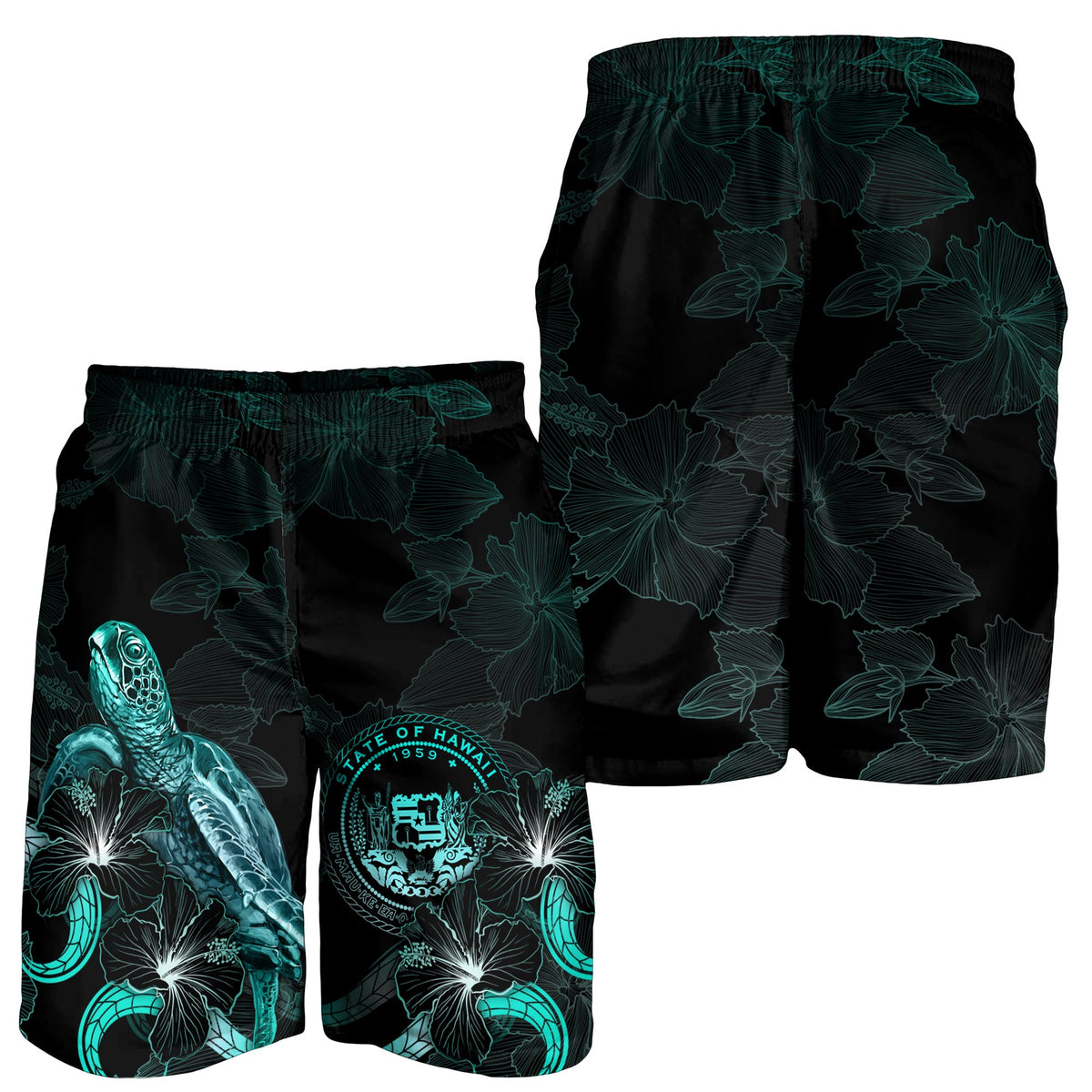 Hawaii Polynesian Men's Shorts - Turtle With Blooming Hibiscus Turquoise - Polynesian Pride