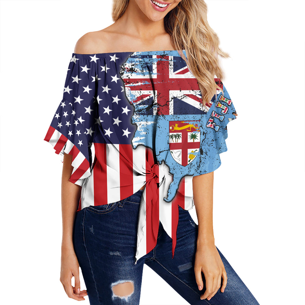 Fiji With America Flag Off Shoulder Wrap Waist Top LT10 Women Blue - Polynesian Pride