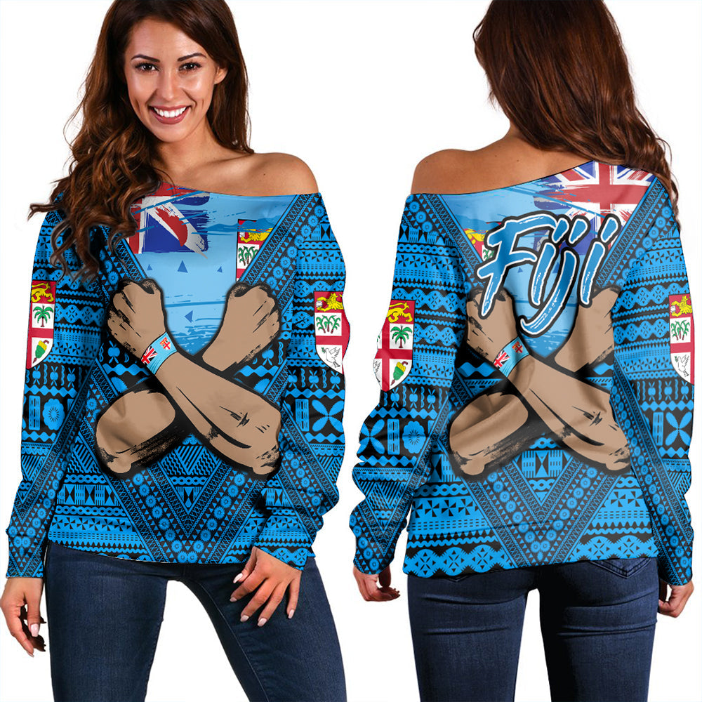 Fiji Bula Flag Women Off Shoulder LT10 Women Blue - Polynesian Pride