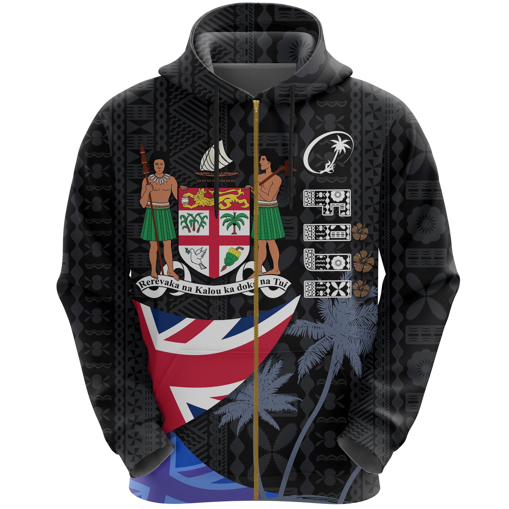 Fiji Masi Rugby Zip up Hoodie Coat of Arms Coconut Unisex Black - Polynesian Pride