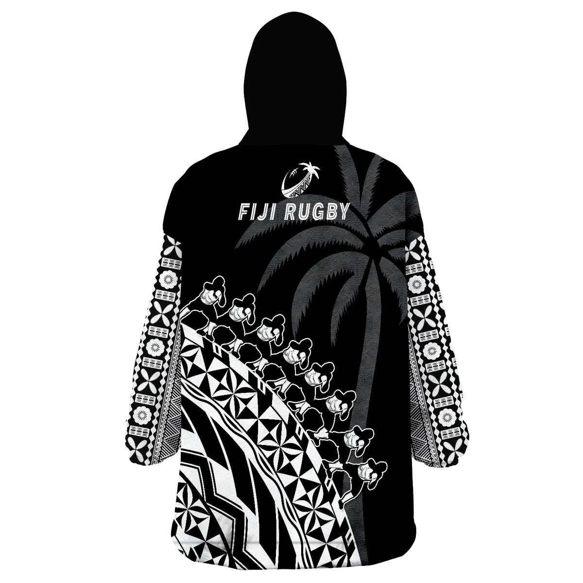 Fiji Rugby Fijian Cibi Dance Tapa Pattern Black Wearable Blanket Hoodie LT14 - Polynesian Pride