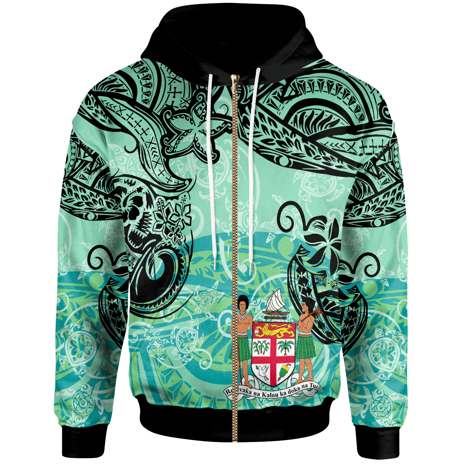 Fiji Zip Hoodie Vintage Floral Pattern Green Color Unisex Green - Polynesian Pride