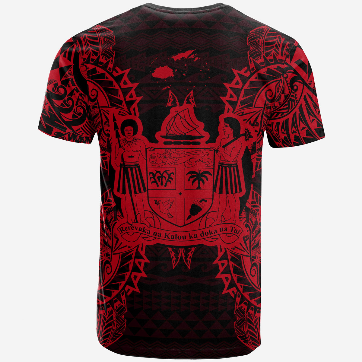 Fiji T Shirt Fijian Coat of Arms Map Polynesian Tattoo Red - Polynesian Pride
