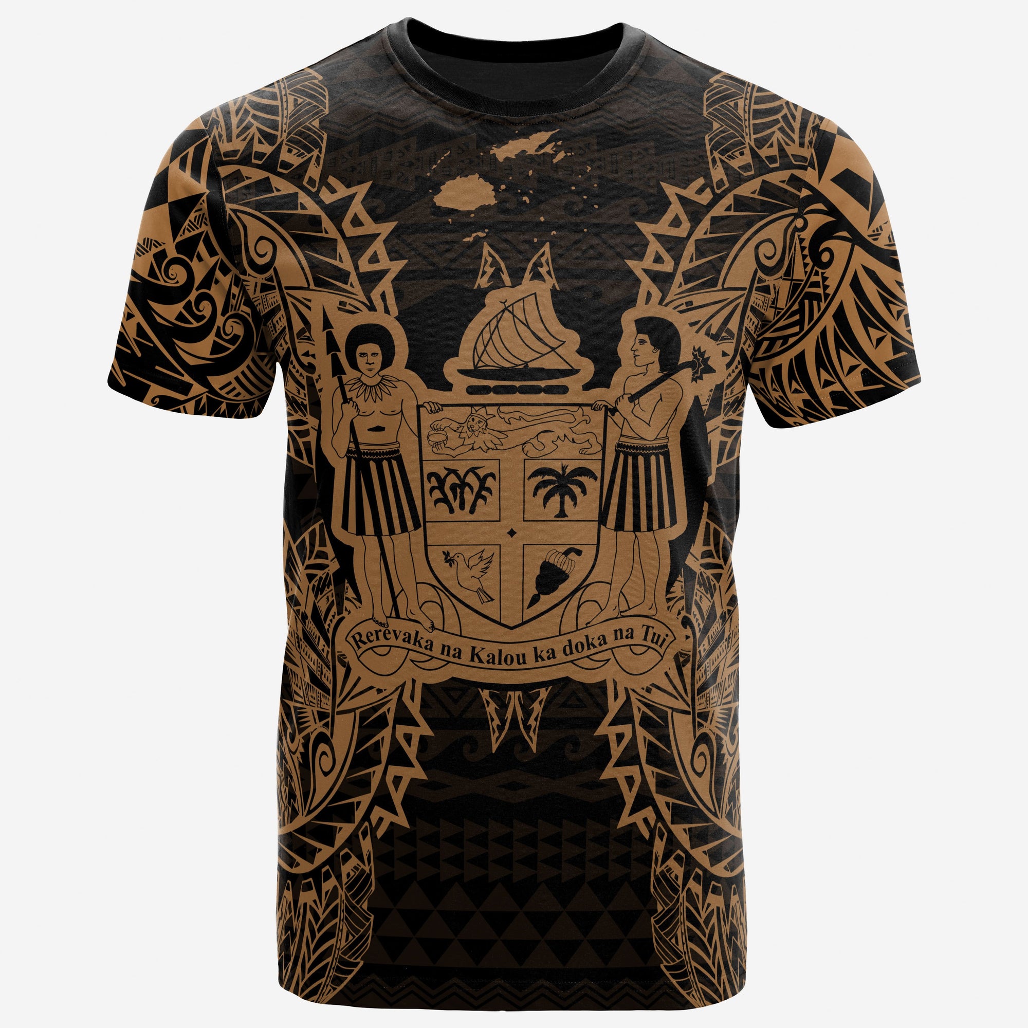 Fiji T Shirt Fijian Coat of Arms Map Polynesian Tattoo Gold Unisex Gold - Polynesian Pride