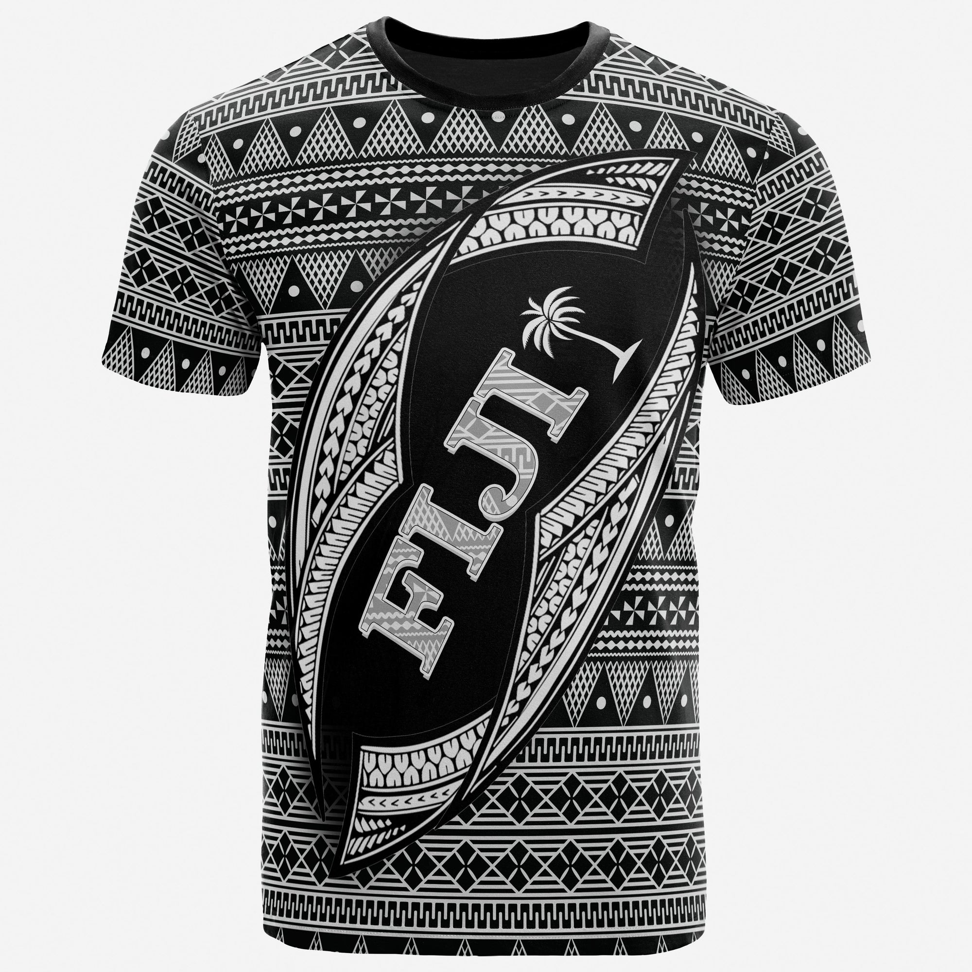Fiji Polynesian T Shirt Tapa Pattern Rugby Ball Unisex Black - Polynesian Pride