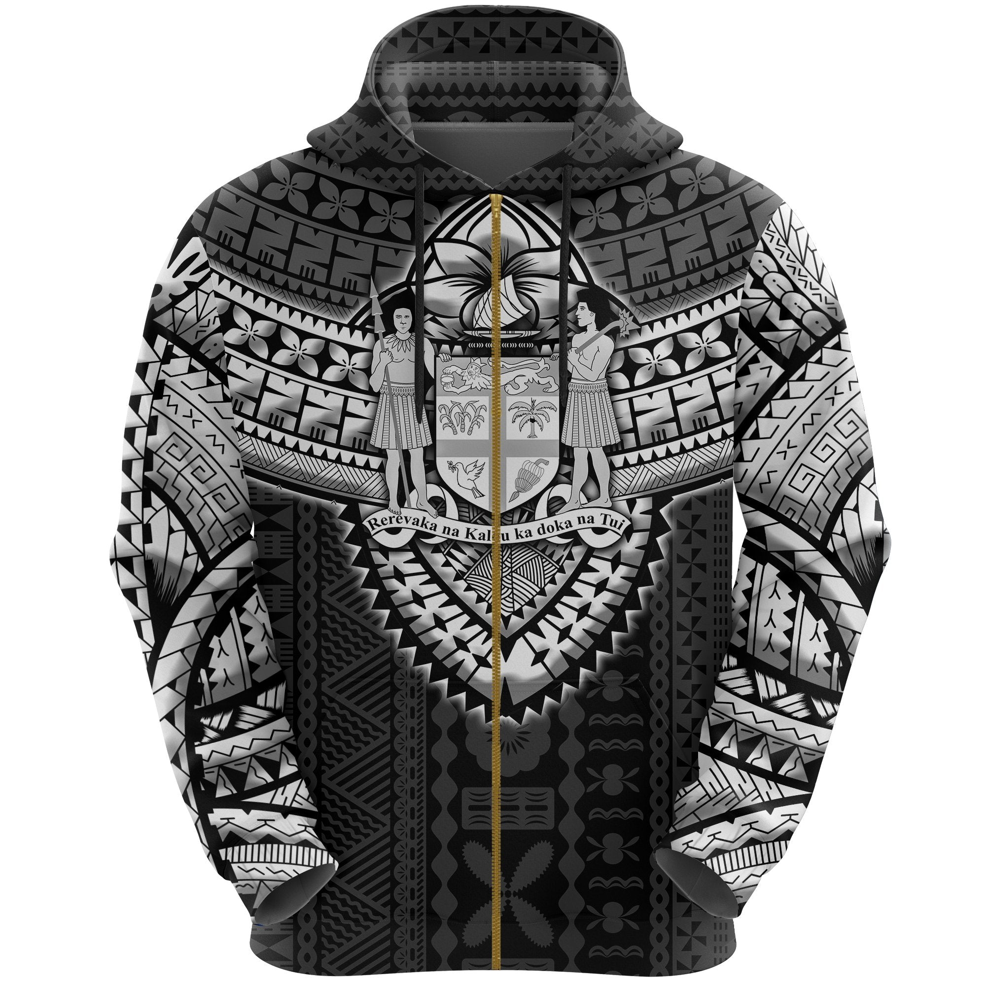 Fijian Tribal Tapa Zip up Hoodie Unisex Black - Polynesian Pride