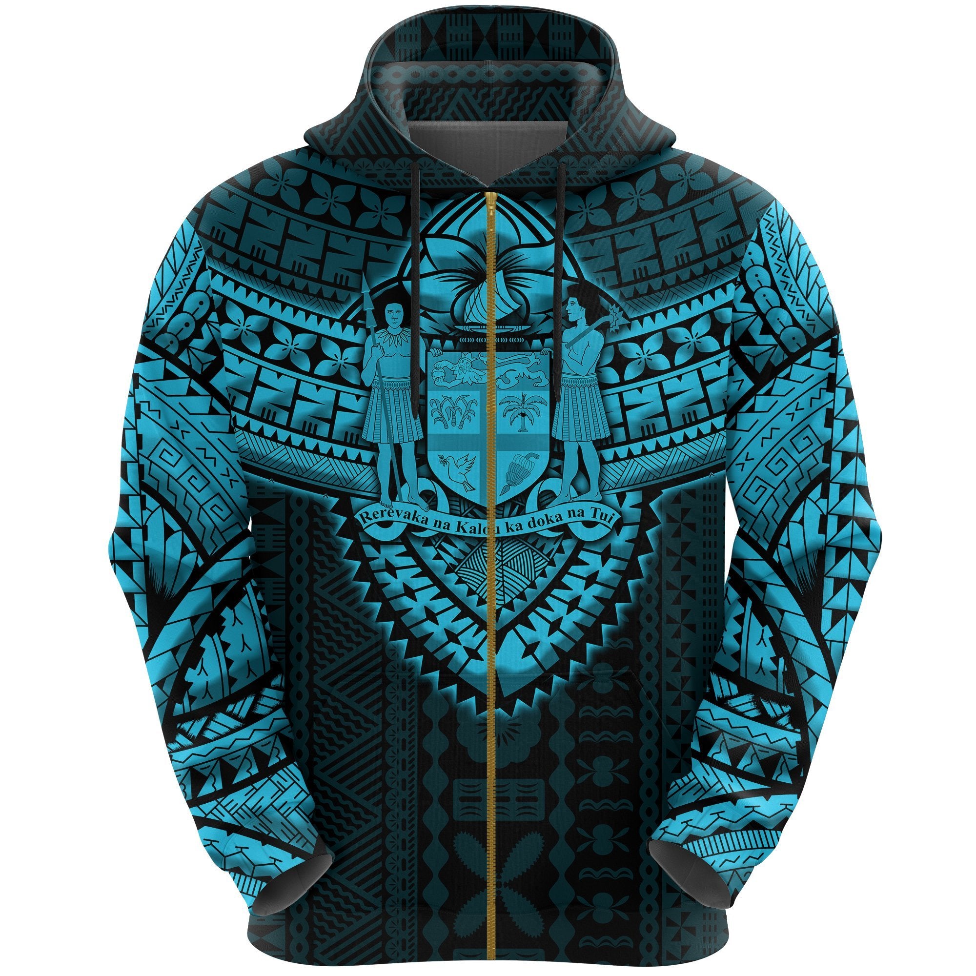 Fijian Tribal Tapa Zip up Hoodie Blue Unisex Blue - Polynesian Pride