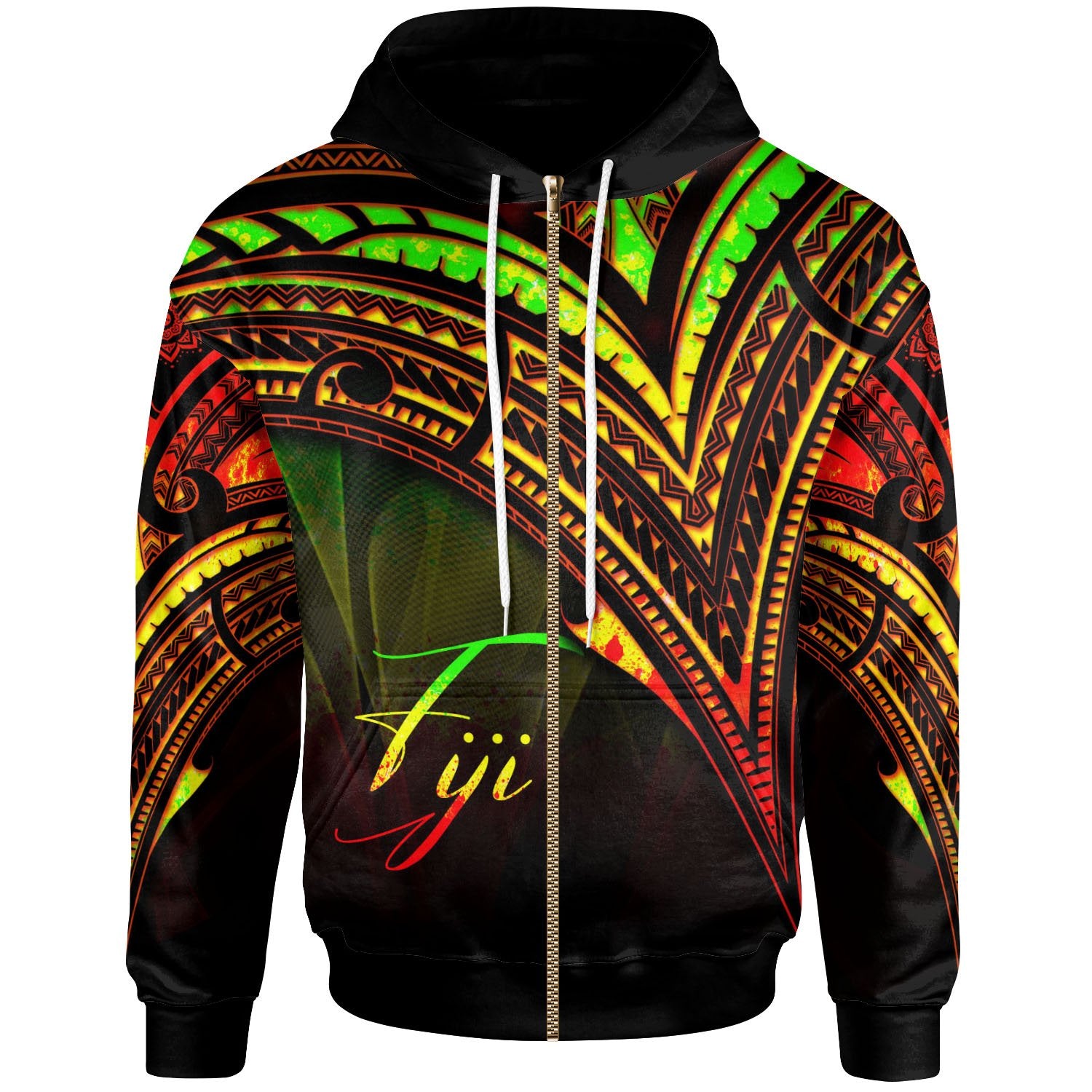 Fiji Zip Hoodie Reggae Color Cross Style Unisex Black - Polynesian Pride