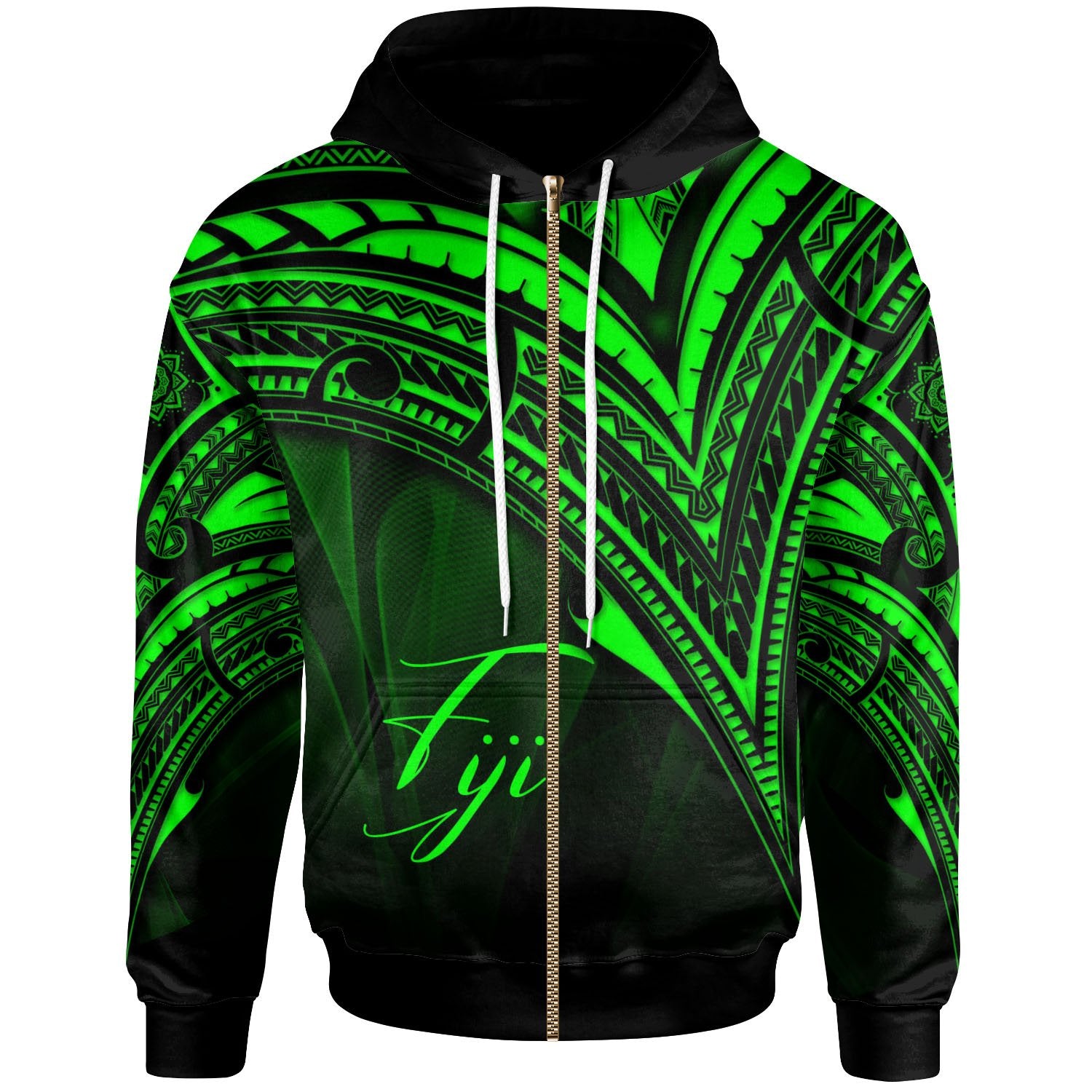 Fiji Zip Hoodie Green Color Cross Style Unisex Black - Polynesian Pride