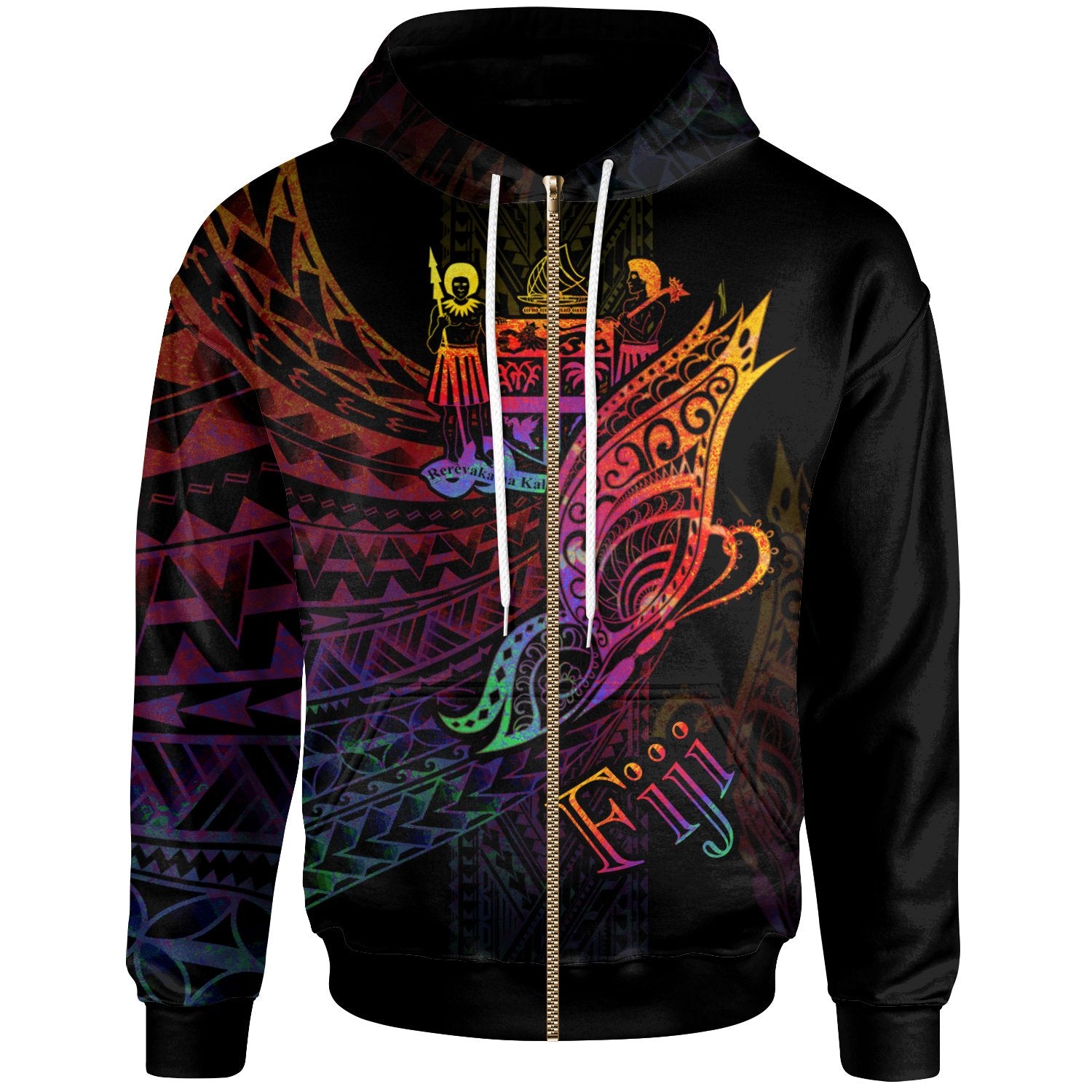 Fiji Zip Hoodie Butterfly Polynesian Style Black - Polynesian Pride