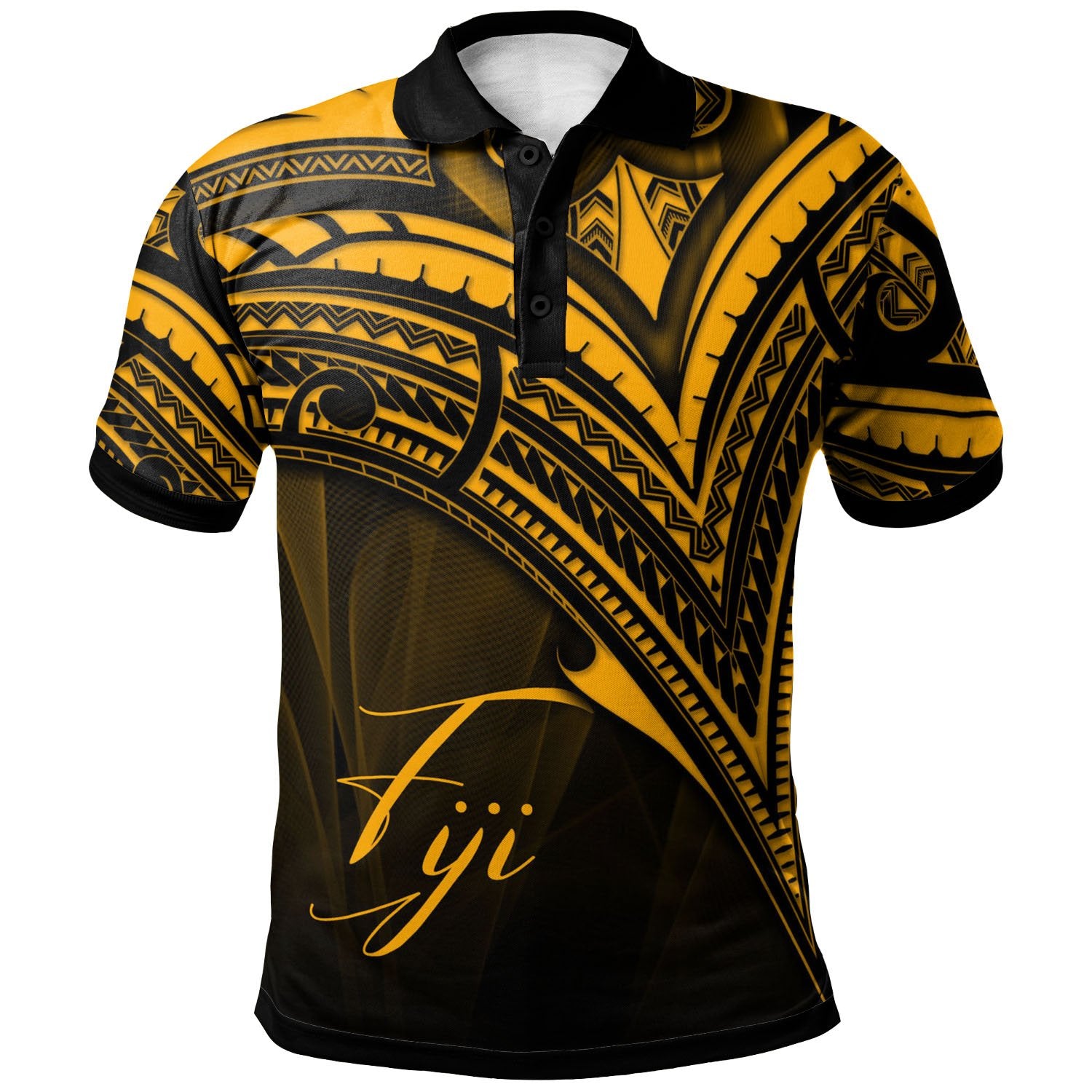 Fiji Polo Shirt Gold Color Cross Style Unisex Black - Polynesian Pride