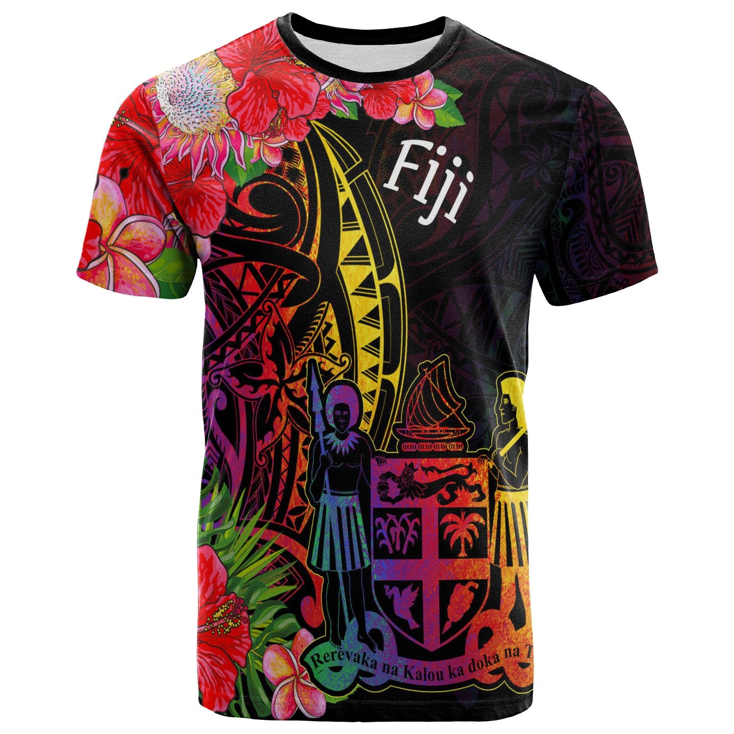 Fiji T Shirt Tropical Hippie Style Unisex Black - Polynesian Pride