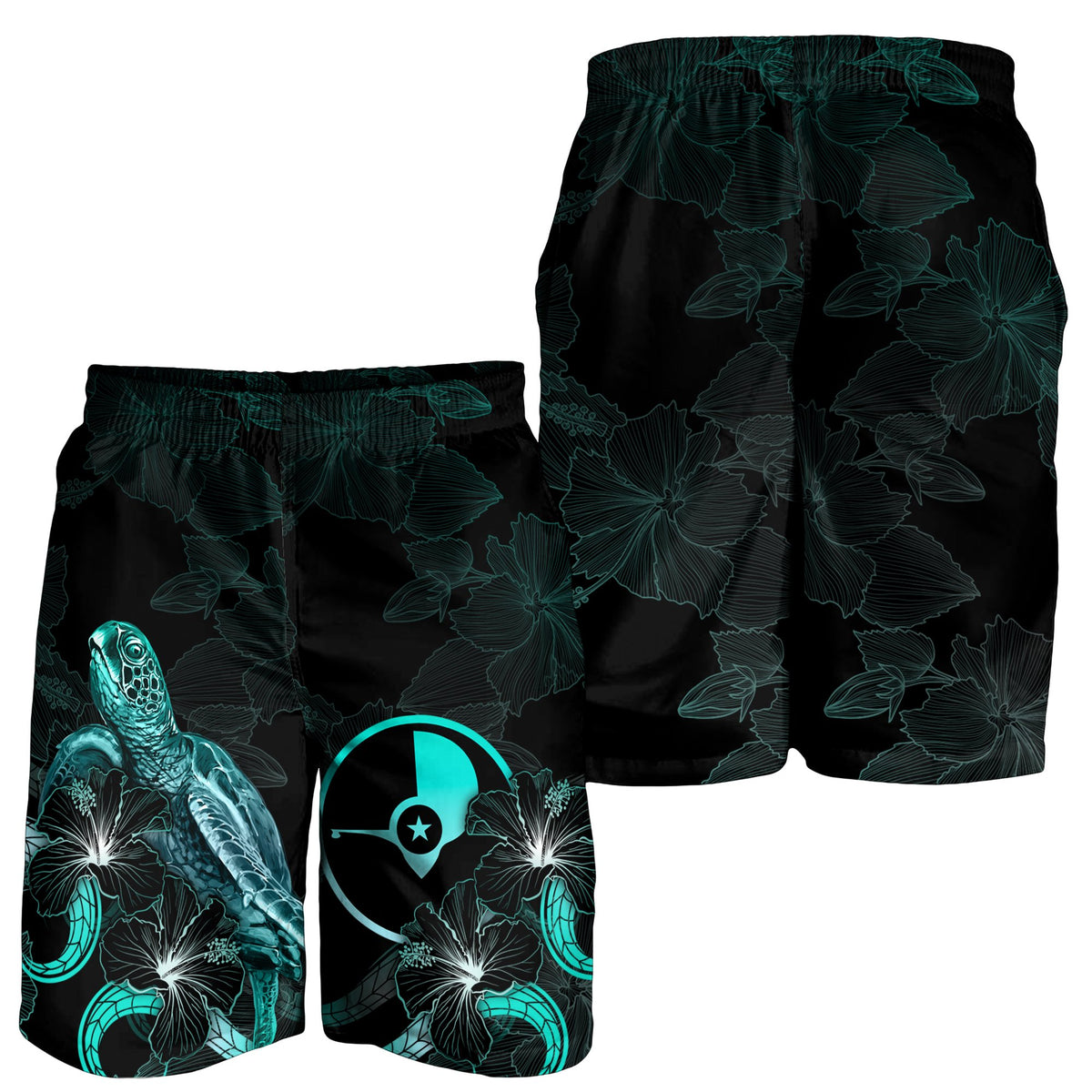 Yap Polynesian Men's Shorts - Turtle With Blooming Hibiscus Turquoise - Polynesian Pride