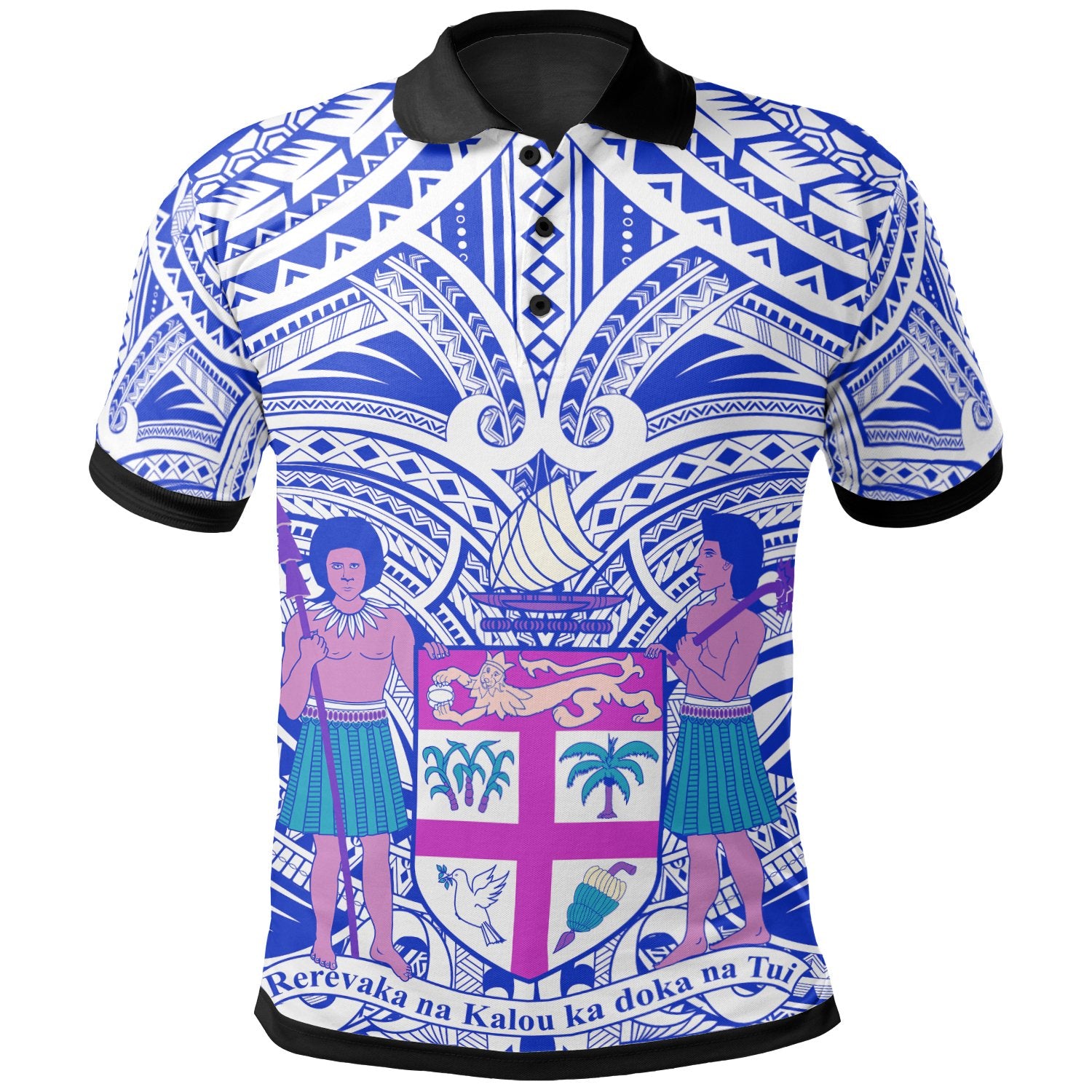 Fiji All Over Polo Shirt FiJi Coat Of Arm (Blue) Unisex Green - Polynesian Pride