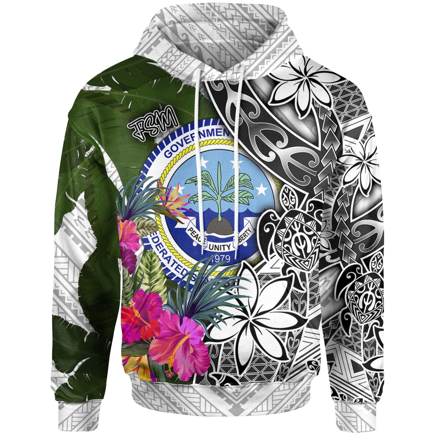 Federated States of Micronesia Hoodie White Turtle Plumeria Banana Leaf Unisex White - Polynesian Pride