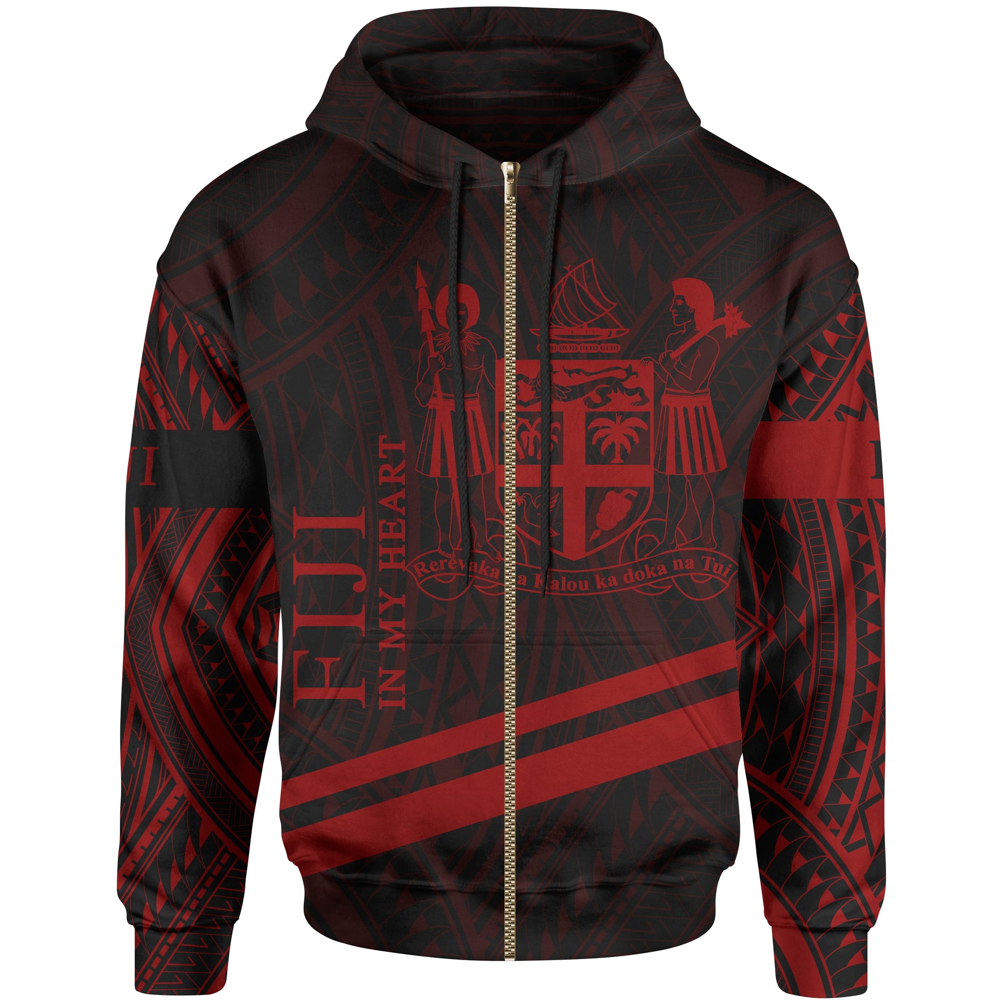 Fiji Zip Hoodie In My Heart Style Red Polynesian Patterns Unisex Black - Polynesian Pride