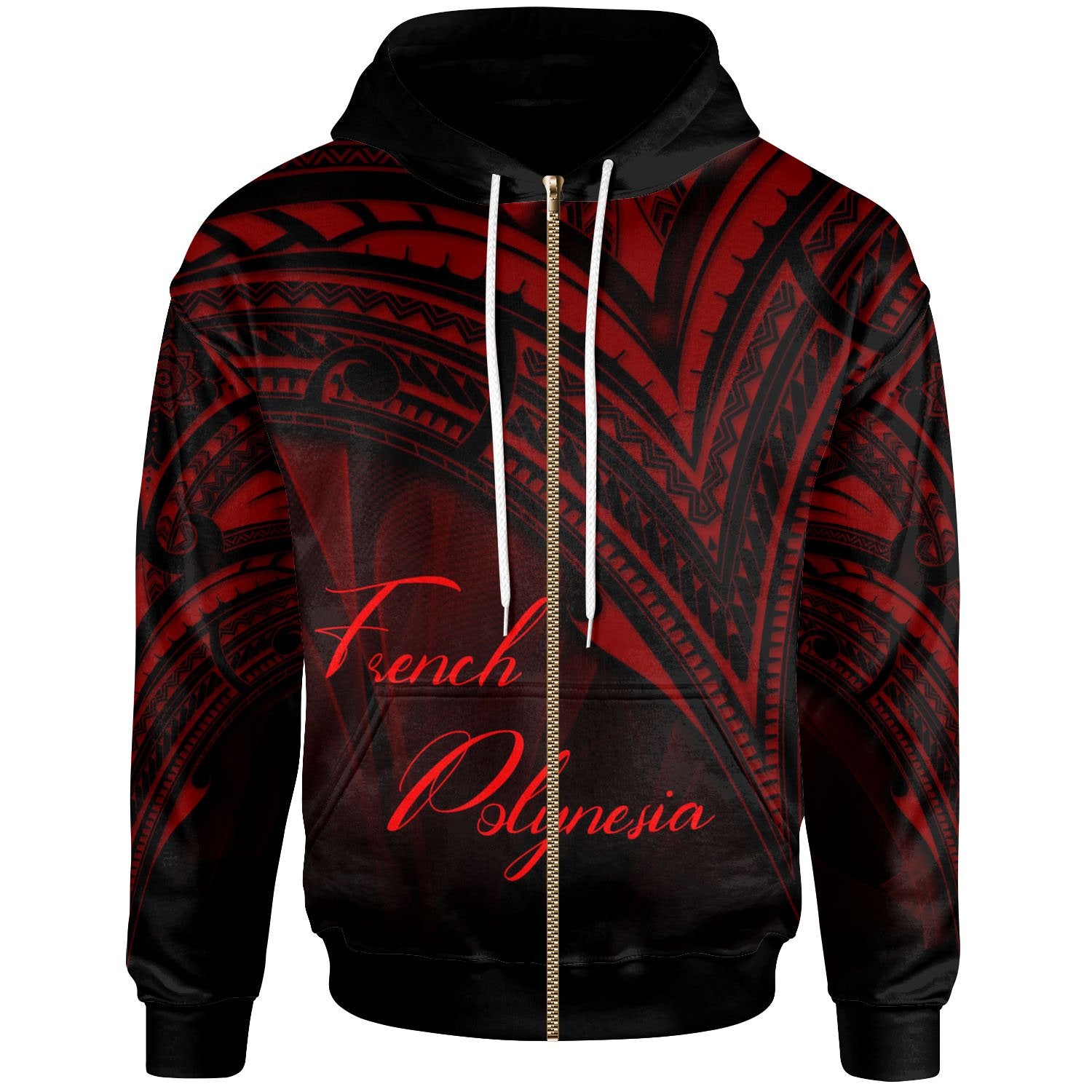 French Polynesia Zip Hoodie Red Color Cross Style Unisex Black - Polynesian Pride