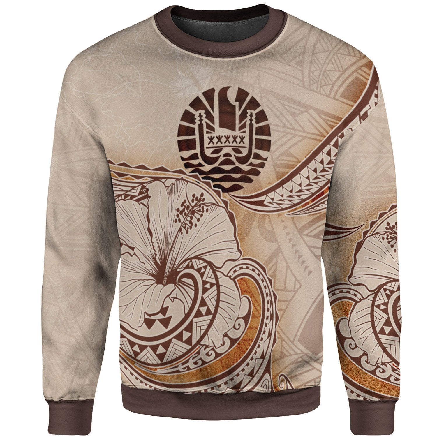 French Polynesia Sweatshirt - Hibiscus Flowers Vintage Style Unisex Nude - Polynesian Pride