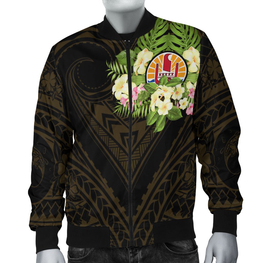 French Polynesia Men's Bomber Jacket - Polynesian Gold Patterns Collection Black - Polynesian Pride