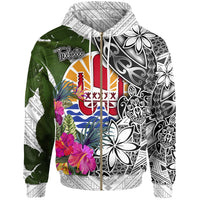 Tahiti Zip up Hoodie White Turtle Plumeria Banana Leaf Unisex White - Polynesian Pride