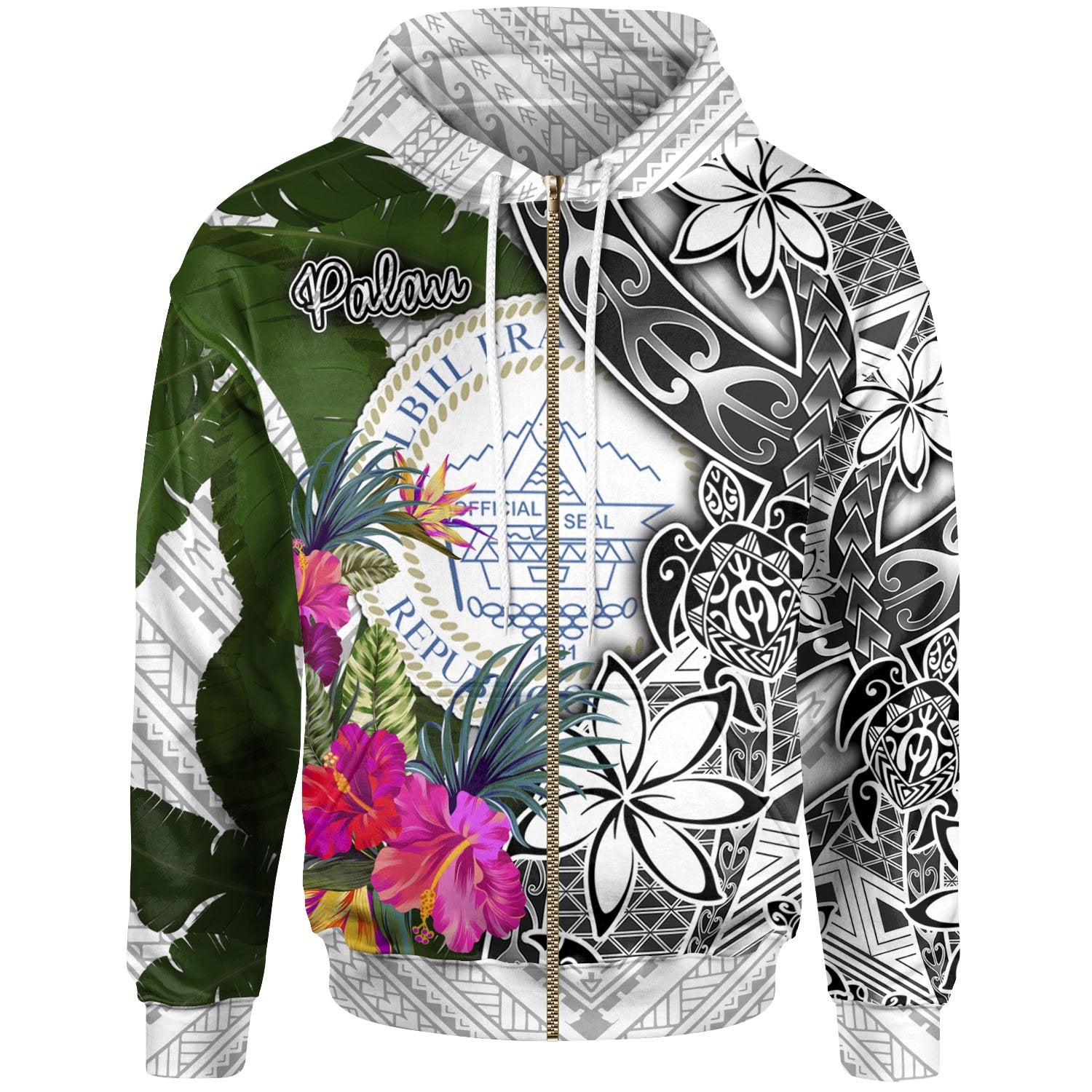 Palau Zip up Hoodie White Turtle Plumeria Banana Leaf Unisex White - Polynesian Pride