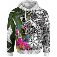 New Caledonia Zip up Hoodie White Turtle Plumeria Banana Leaf Unisex White - Polynesian Pride