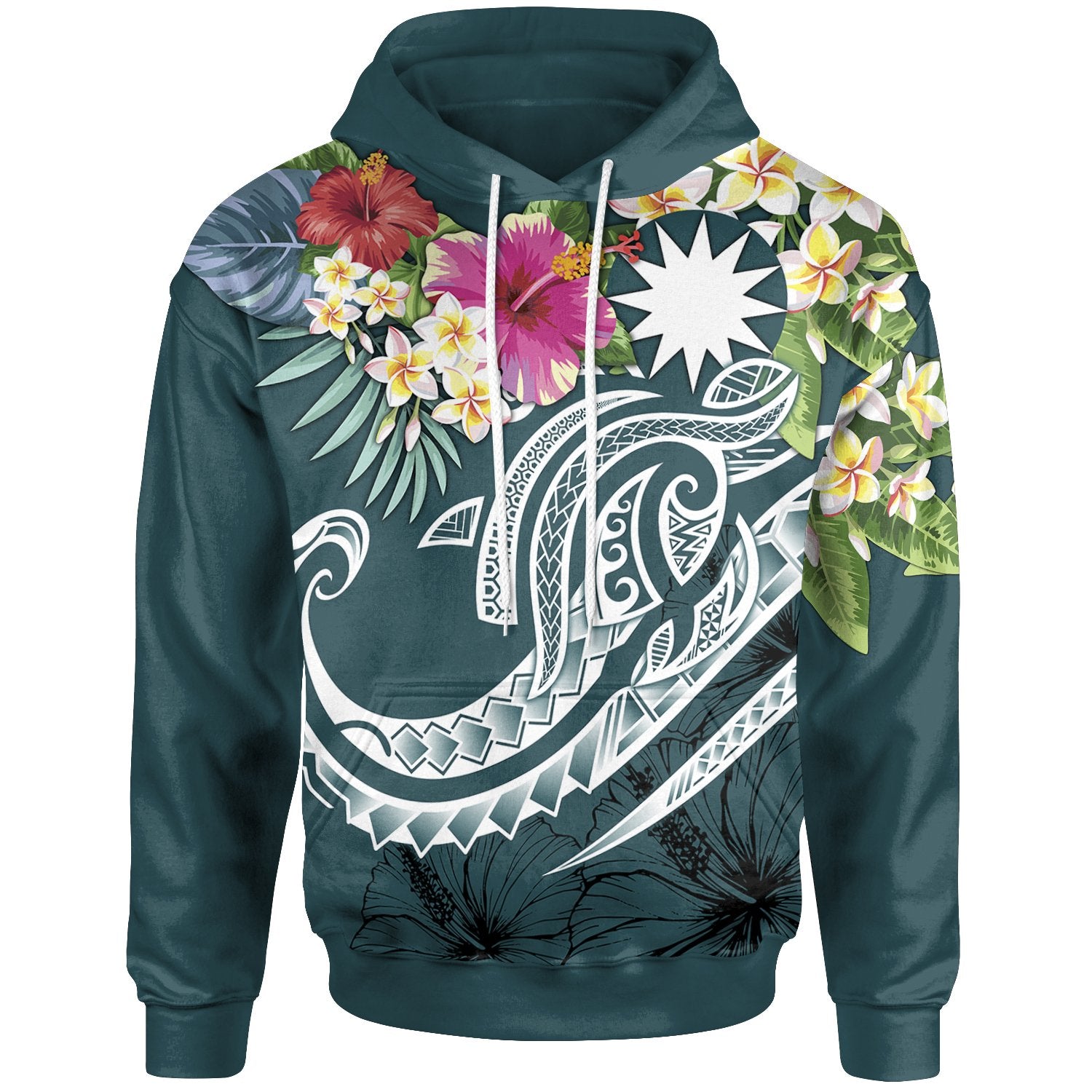 Nauru Polynesian Hoodie Summer Plumeria (Turquoise) Unisex Black - Polynesian Pride