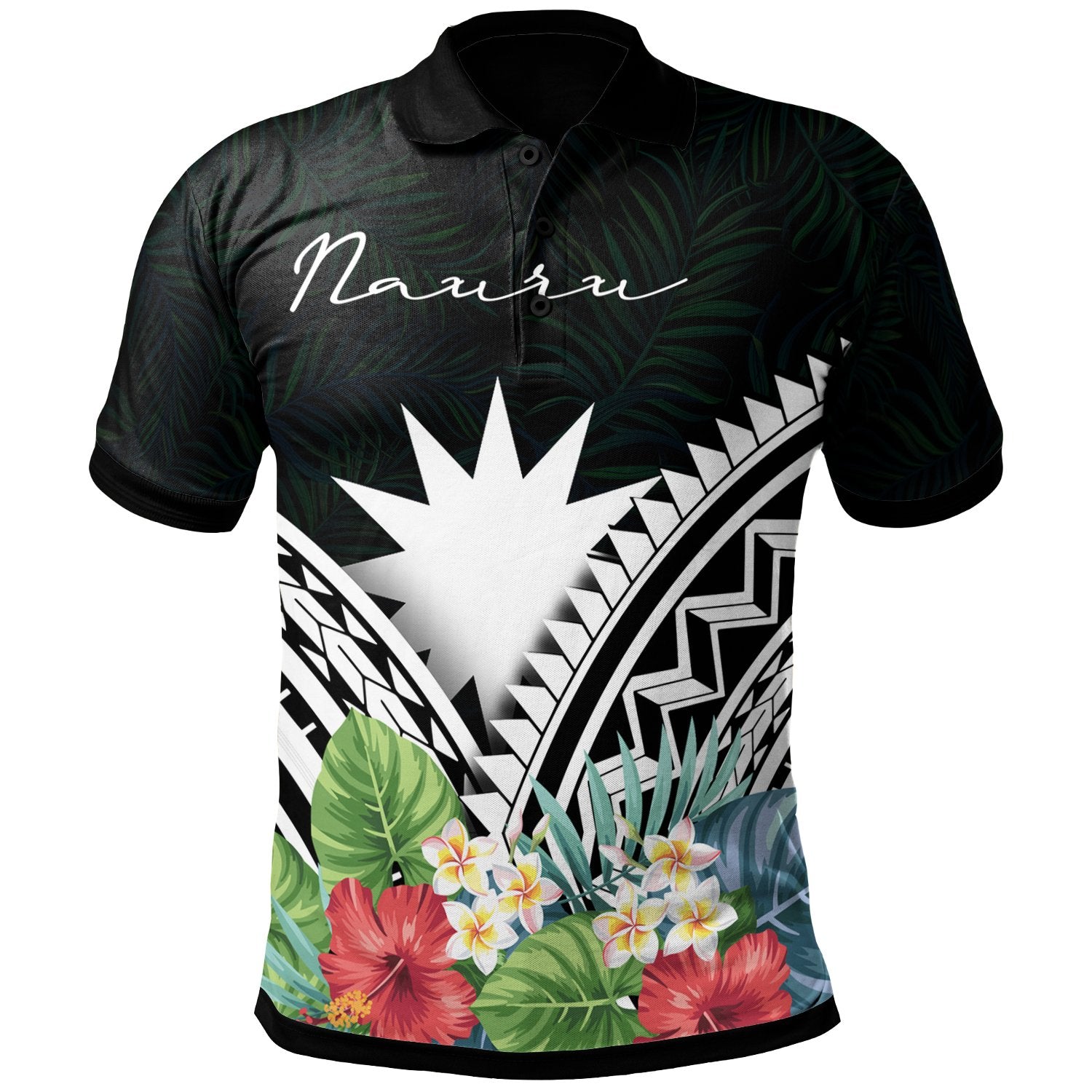 Nauru Polo Shirt Nauru Coat of Arms and Polynesian Tropical Flowers White Unisex White - Polynesian Pride