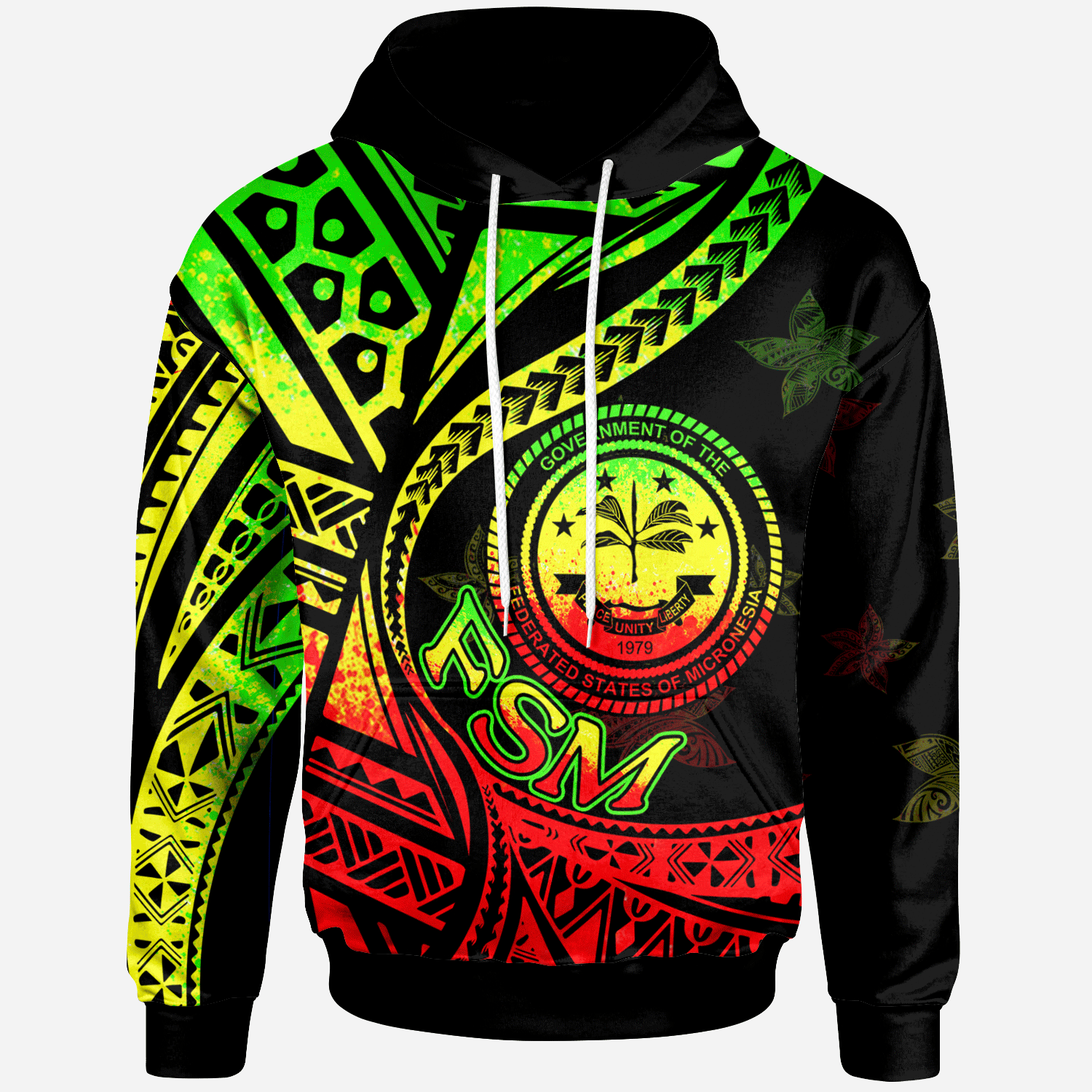 Federated States of Micronesia Hoodie Plumeria Flowers Reggae Version Unisex Black - Polynesian Pride