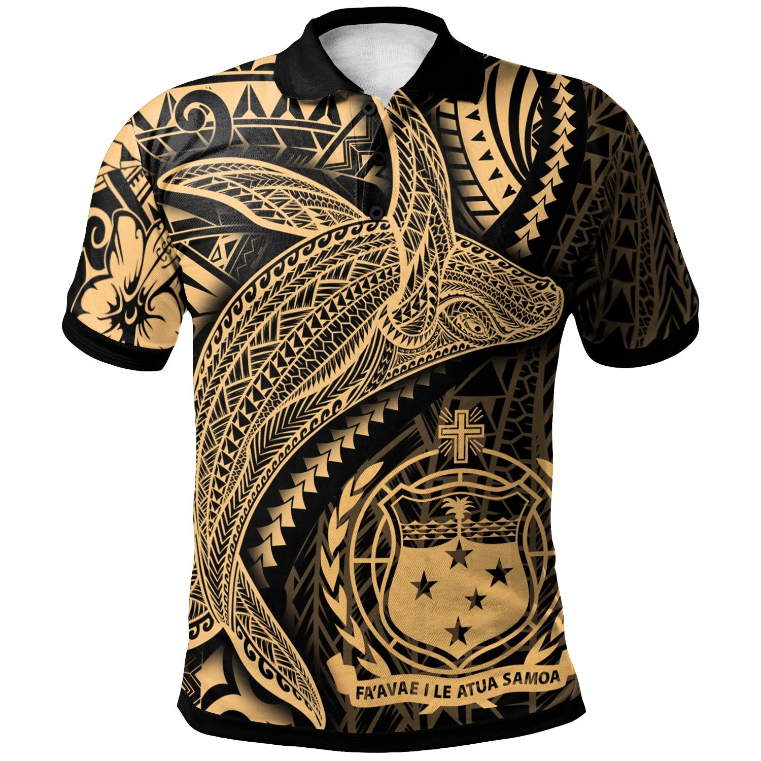 Samoa Polo Shirt Humpback Whale and Coat of Arms Gold Unisex Gold - Polynesian Pride