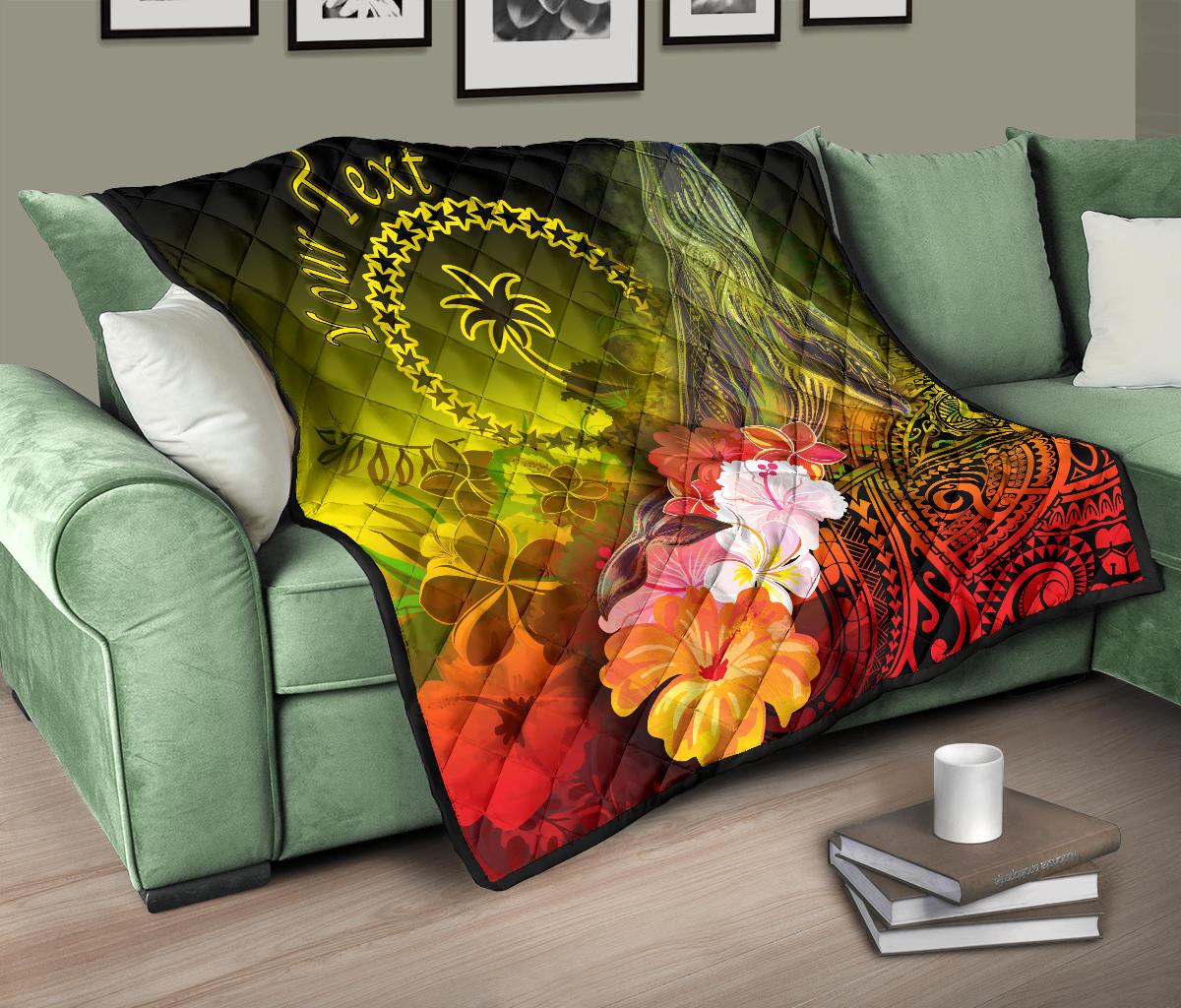 Custom Personalised Chuuk Premium Quilt - Humpback Whale with Tropical Flowers (Yellow) - Polynesian Pride