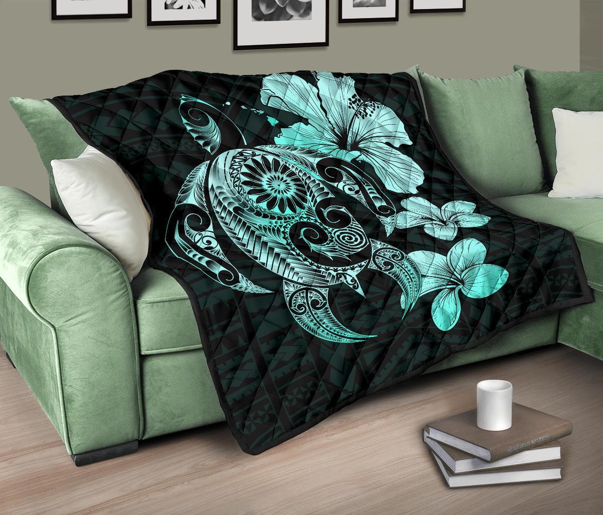 Hibiscus Plumeria Mix Polynesian Turquoise Turtle Premium Quilt - Polynesian Pride