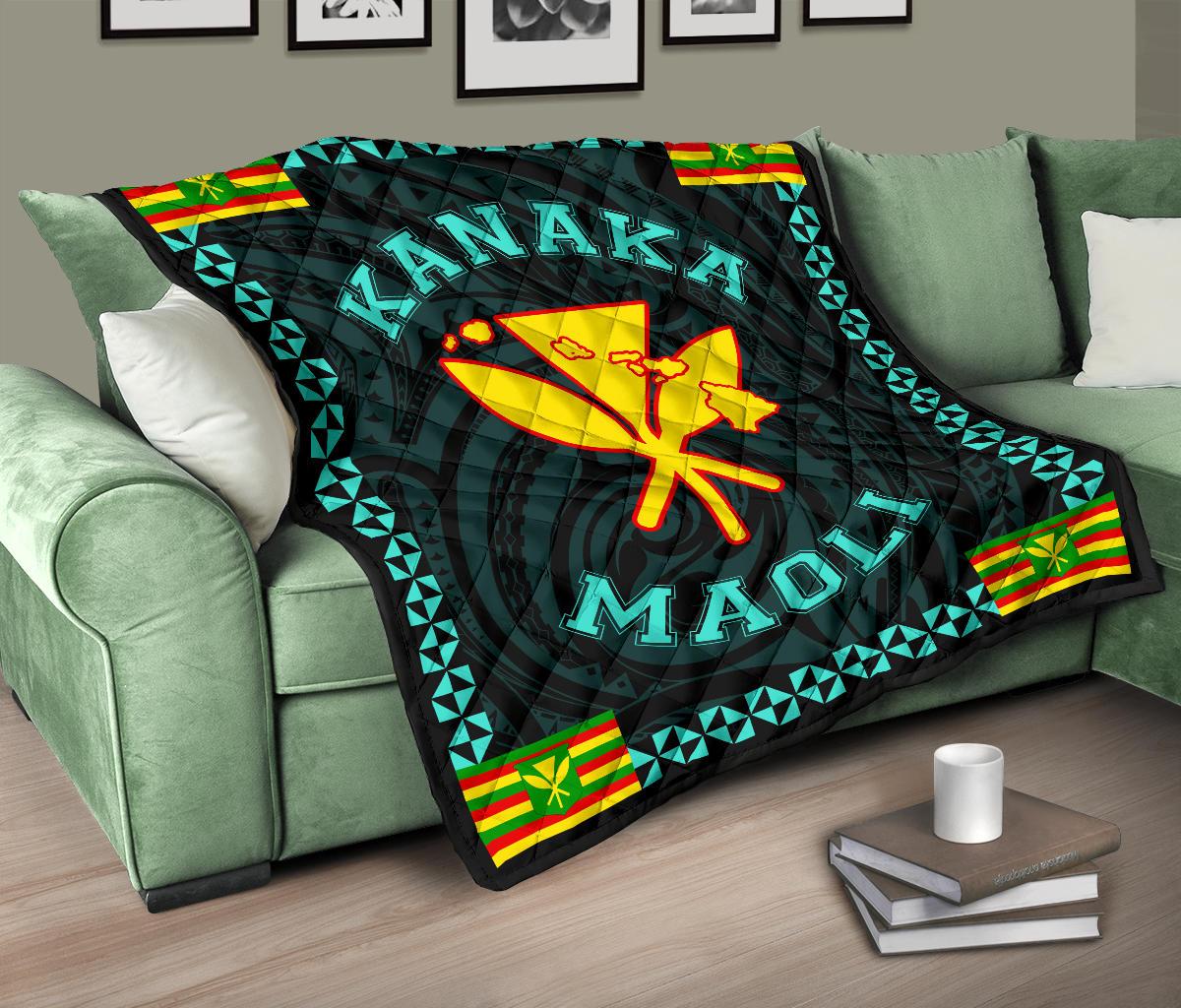 Kanaka Maoli Flag Polynesian Premium Quilt Turquoise - Love Style - Polynesian Pride