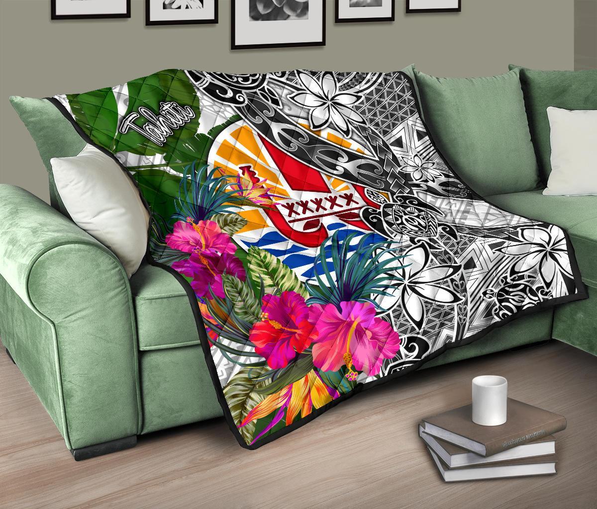 Tahiti Premium Quilt White - Turtle Plumeria Banana Leaf - Polynesian Pride