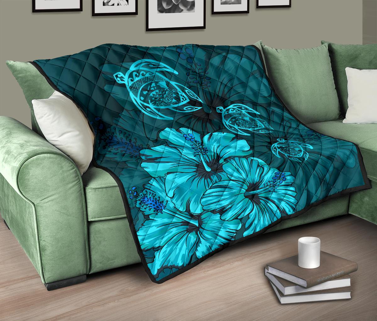 Hawaiian Map Hibiscus Turtle Vintage Polynesian Premium Quilt Turquoise - Polynesian Pride