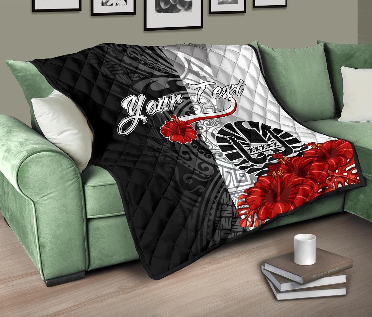 Tahiti Polynesian Custom Personalised Premium Quilt - Coat Of Arm With Hibiscus White - Polynesian Pride