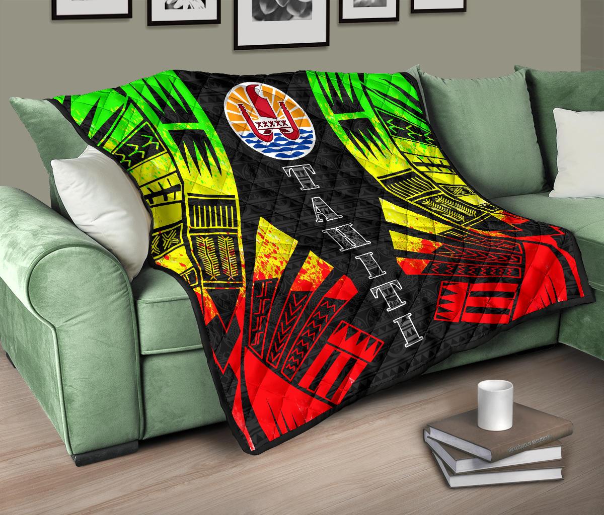 Tahiti Premium Quilt - Tahiti Flag Polynesian Reggae Tattoo - Polynesian Pride