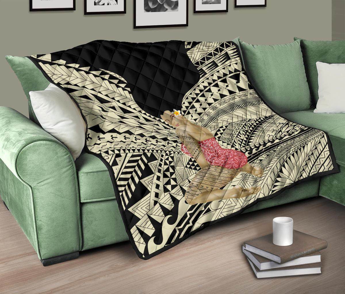 Hawaii Polynesian Hula Girl Wearing Plumeria Premium Quilt - Polynesian Pride