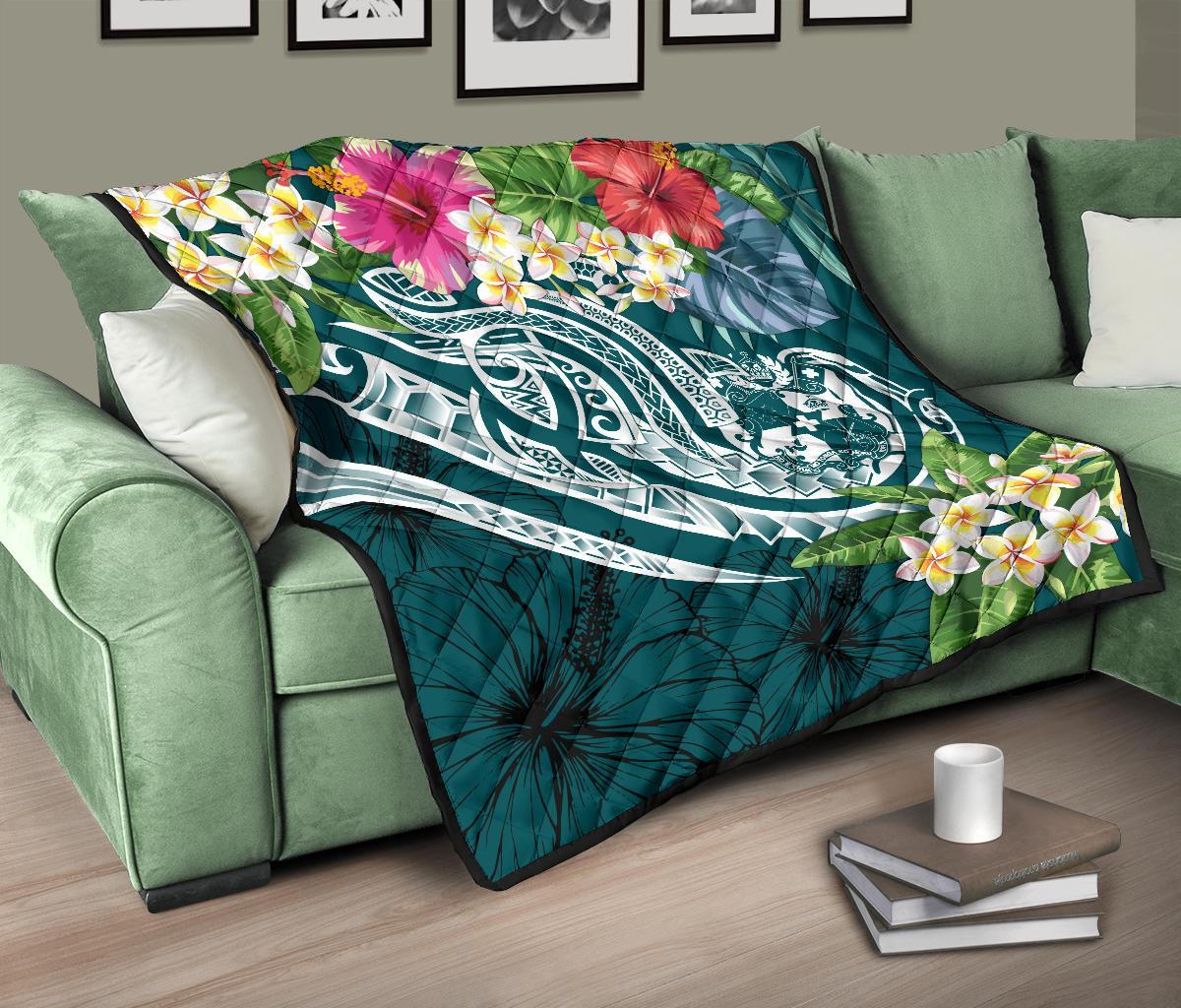 Tonga Polynesian Premium Quilt - Summer Plumeria (Turquoise) - Polynesian Pride