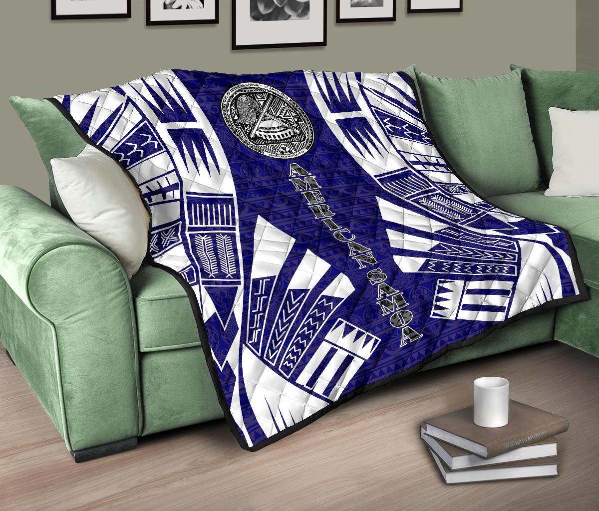 American Samoa Premium Quilt - American Samoa Seal Polynesian White Tattoo (BLue) - Polynesian Pride
