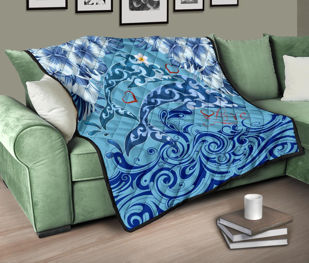 Hawaii Dolphin Couple Valentine's Hibiscus Premium Quilt - Tender Style - AH - Polynesian Pride