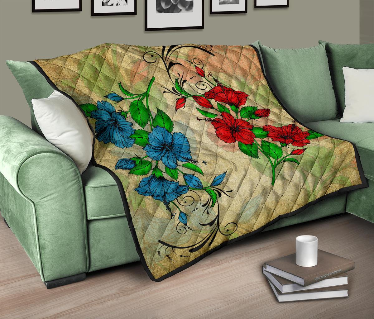 Hibiscus Red And Blue Premium Quilt - Polynesian Pride