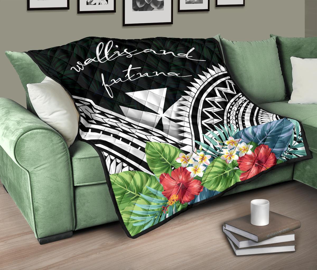 Wallis and Futuna Premium Quilt - Wallis and Futuna Coat of Arms & Polynesian Tropical Flowers White - Polynesian Pride