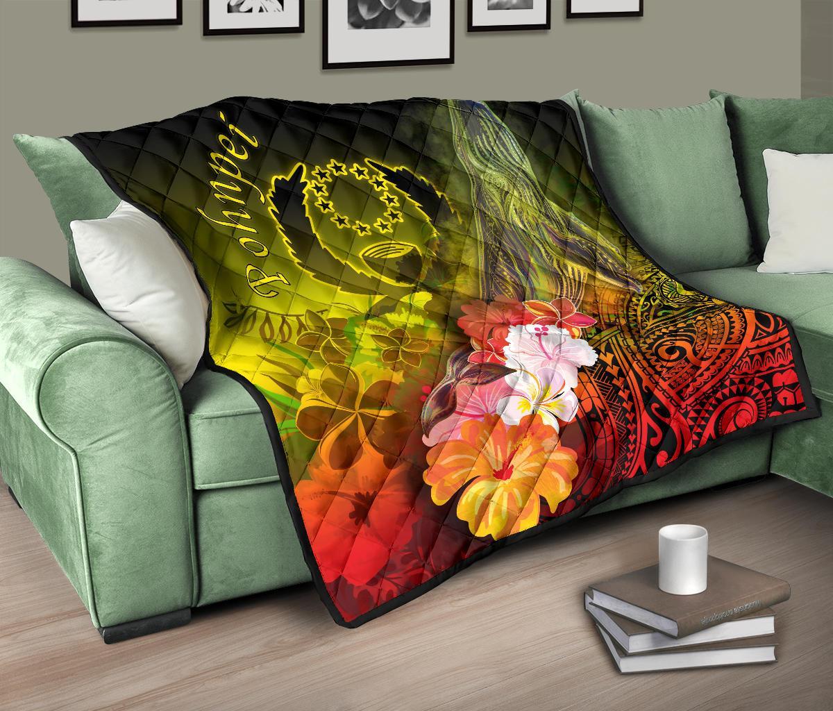 Pohnpei Premium Quilt - Humpback Whale with Tropical Flowers (Yellow) - Polynesian Pride