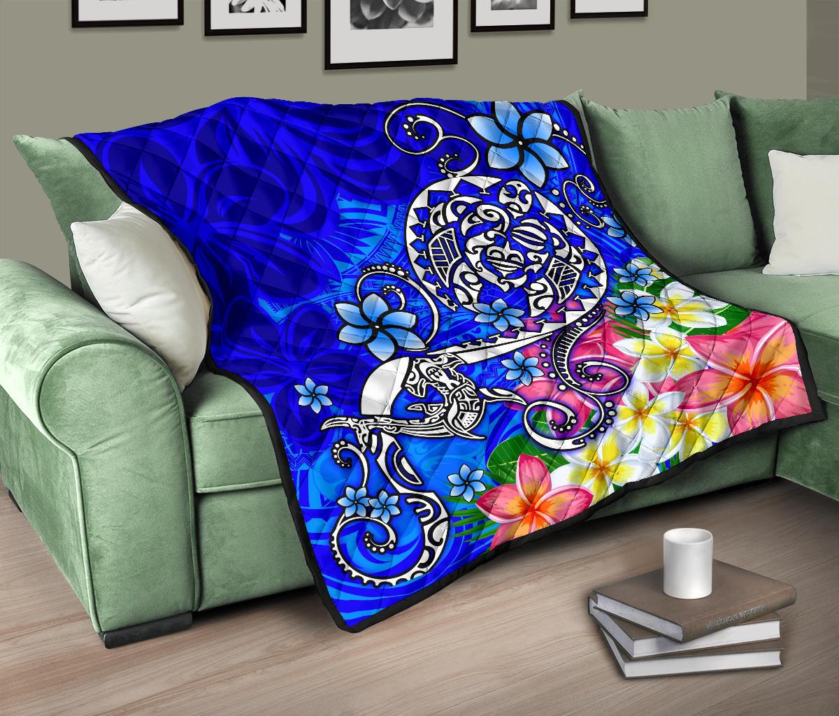 Polynesian Premium Quilt - Turtle Plumeria Blue Color - Polynesian Pride