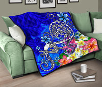 Polynesian Premium Quilt - Turtle Plumeria Blue Color - Polynesian Pride